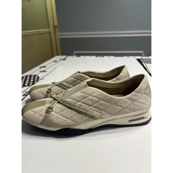 Cole Haan Tan Quilted Suede Gold Metallic Leather Accents Slip On Sneakers Shoes - Picture 4 of 15